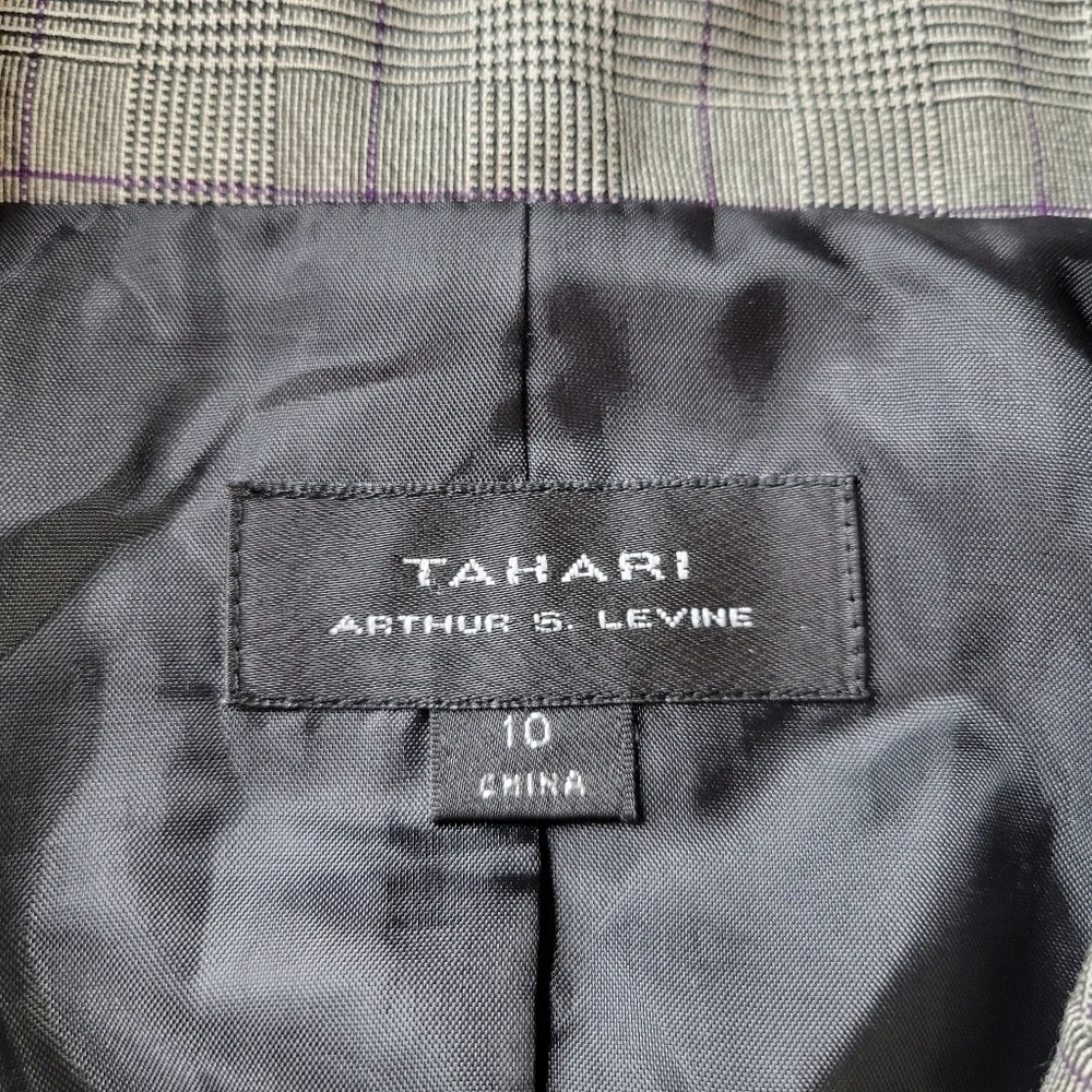 Tahari ASL Blazer Size 10 Gray Black Purple Glen Plaid Flap Pockets 2 Button